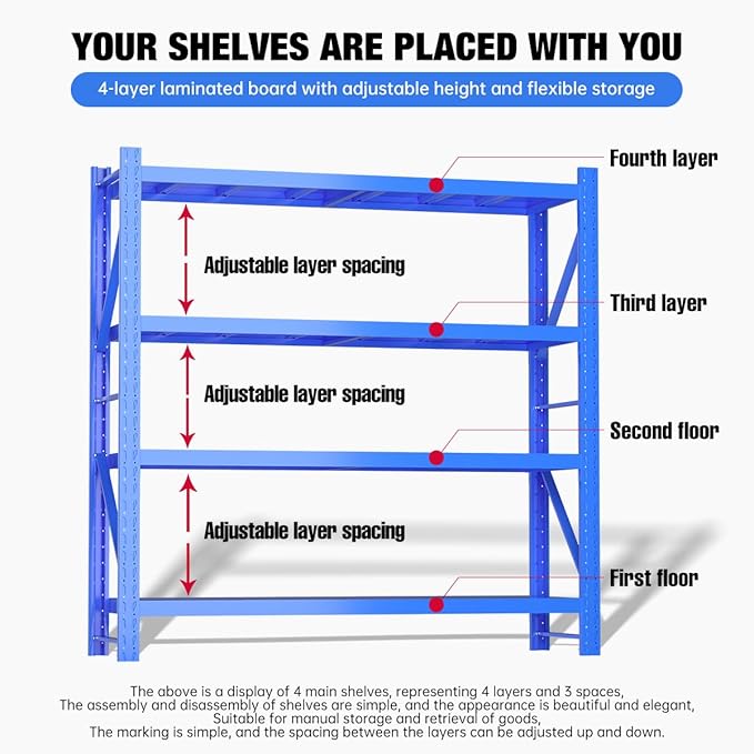 Storage Shelves Heavy Duty, Metal Garage Shelving Units, 4 Tier Storage Rack Shelf, Steel Industrial Shelving, Adjustable Standing Shelf for Basement/Warehouse (Blue, W47.24*D19.69*H78.74)