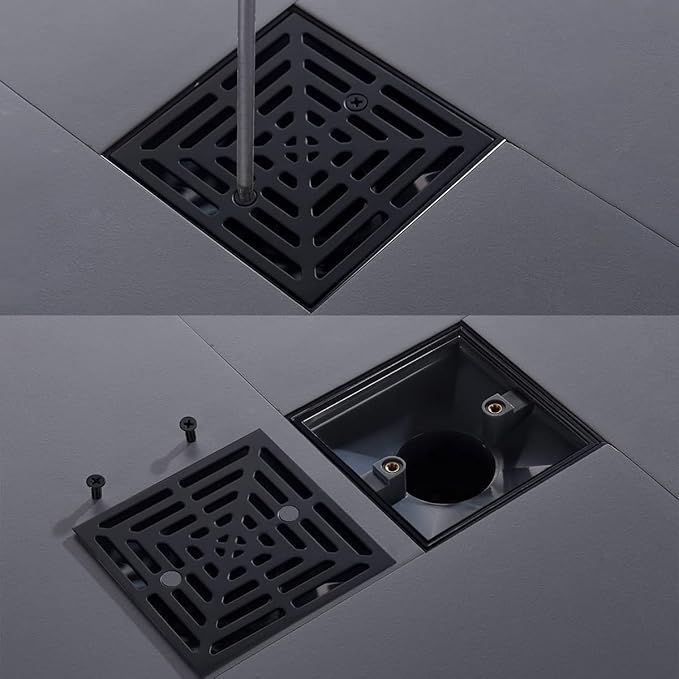 RANDOM 4 Inch Black Shower Drain Square with Adjustable PVC Base Flange,SUS304 Stainless Steel Matte Black Shower Floor Drain with Removable Cover Grid Grate