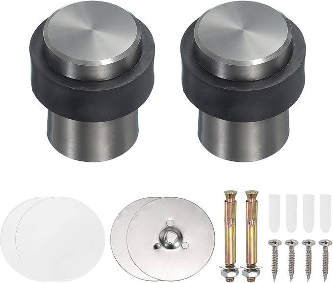 PATIKIL 2Set Round Door Stoppers, 46mm Stainless Steel Door Stop Doorstop Wedge Metal Cylinder Self Adhesive with Screw for Bottom of Door Floor Inside, Gray