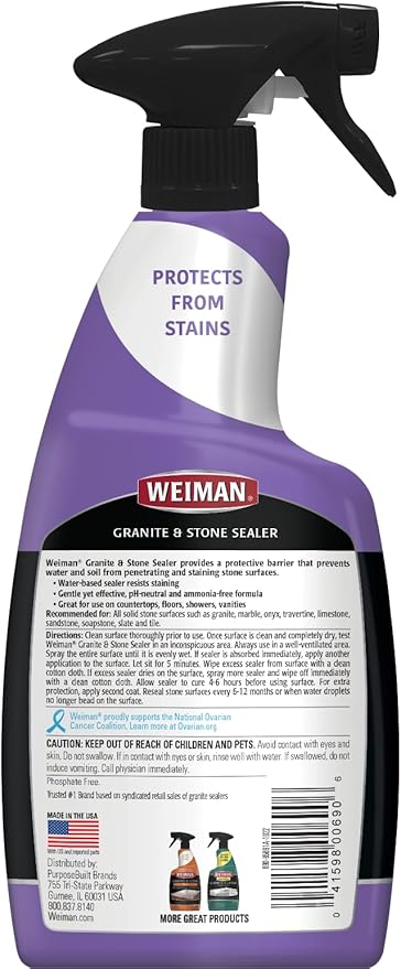 Weiman Granite & Stone Sealer Spray - Protects Kitchen Countertops, Sinks, Showers, Vanities & Floors From Stains - For Granite, Quartz, Marble, Tile, Limestone, Slate - Water Based, 24 oz