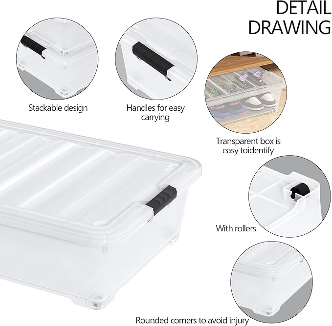 50 Quart Plastic Under Bed Storage Boxes, Clear Under Bed Storage Containers with Wheels, 3-Pack