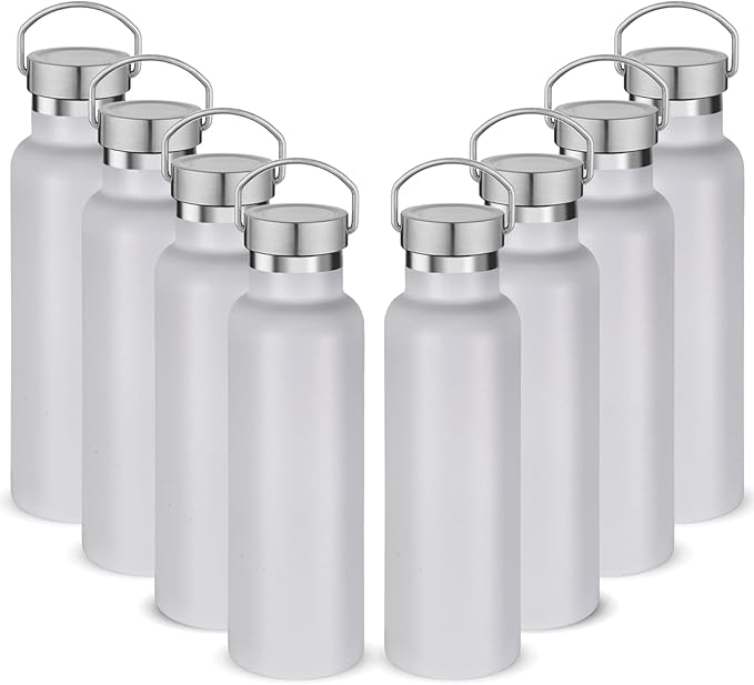 Neihepal 20 oz Insulated Water Bottles Bulk 8 Pack,Stainless Steel Double Wall Sport Bottle with Lid of Handle,Metal Reusable Flask with Cup Cap for School,Hikers,Gift (White,Set of 8)