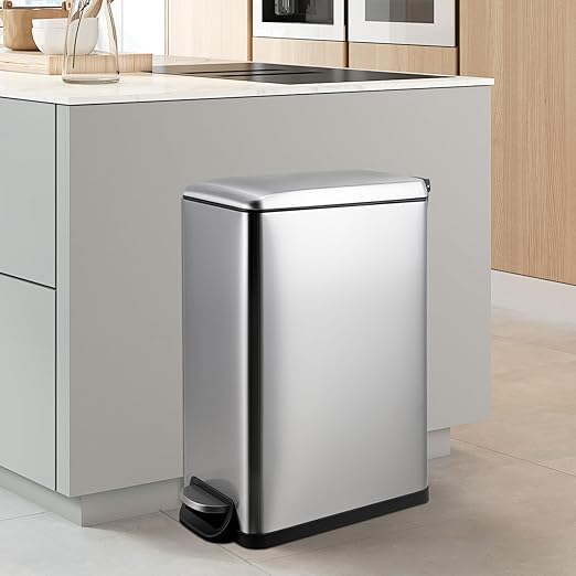 Arlopu 13.2 Gal Slim Kitchen Trash Can with Lid, 50L Stainless Steel Garbage Can, Large Kitchen Rubbish Can, Step Trash Bin w/Foot Pedal and Inner Bucket, Bathroom Trash Can Airtight,Silver