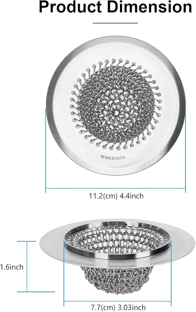 2 Pcs Sink Drain Strainer: Anti-Slip Flexible Chainlink, 304 Stainless Steel. Upgraded Clog-Free Kitchen Version, Easy-Clean Catcher for Garbage Disposal