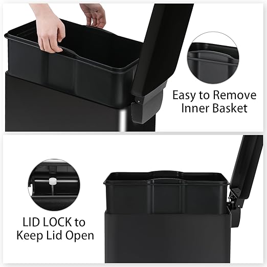 Arlopu 13.2 Gal Slim Kitchen Trash Can with Lid, 50L Stainless Steel Garbage Can, Large Kitchen Rubbish Can, Step Trash Bin w/Foot Pedal and Inner Bucket, Bathroom Trash Can Airtight (Black)