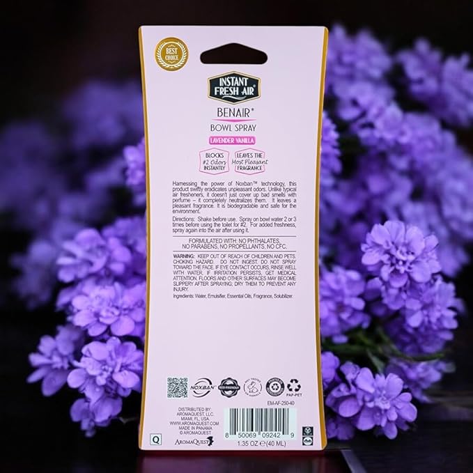 2-Pack: Superior Toilet Spray with Instant Odor Elimination, Lavender Vanilla Fragrance, Odor Eliminator Bathroom Spray, Travel Size, Long-Lasting, Eco-Friendly, 1.35 Oz. - INSTANT FRESH AIR
