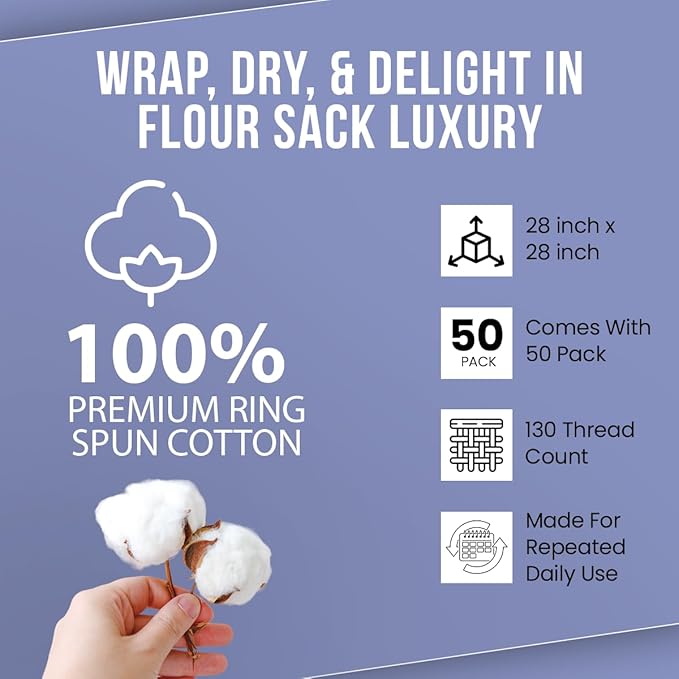 WHITEWRAP Flour Sack Towels| Tea Towel for Crafts| Kitchen Dish Cotton Blank Towel for Embroidery|Baking Bread Proofing Linen Cover| Thick Absorbent Quick Dry| 50Pack 28"x28" Natural