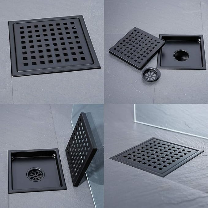 RANDOM Square Shower Drain 6 Inch Matte Black Stainless Steel Shower Floor Drain Kit with Adjustable PVC Base Flange, Removable Grid Grate, Hair Strainer