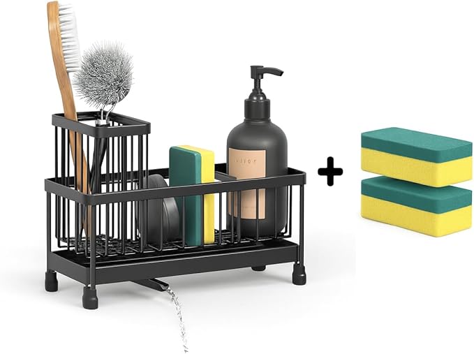 BSHG King Black Sponge Holder for Kitchen Sink, Sink Caddy Organizer with High Brush Holder, Kitchen Countertop Organizers and Storage Essentials,rustproof Stainless Steel(1Sink Caddy + 2 Sponges)
