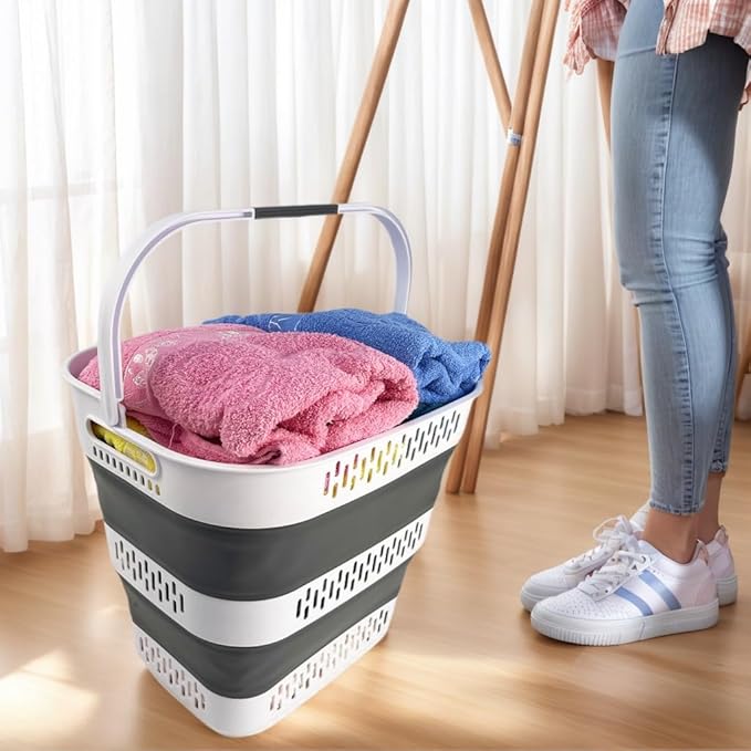 SAMMART 40L (10.5 Gallon) Collapsible Plastic Laundry Basket with Handles - Foldable Pop Up Storage Container/Organizer - Portable Laundry Hamper - Space Saving (1, White/Steel Grey)