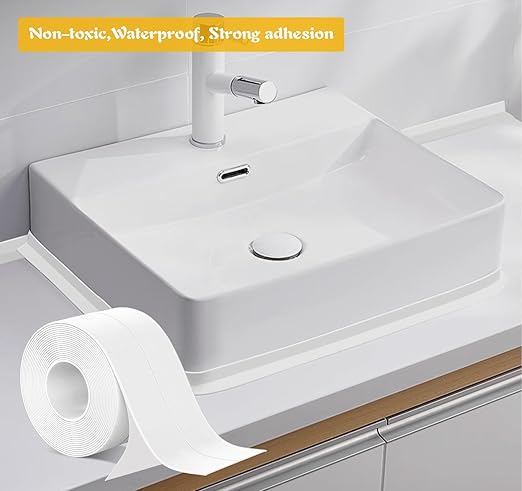 ABSOFINE Caulk Tape Waterproof Self Adhesive 1.97" x16.4Ft, White Toilet Caulk Sealant Tape, Shower Seal Strip for Kitchen, Countertop, Bathroom, Sink, Bathtub Toilet Edge Protector with Sealing Tool