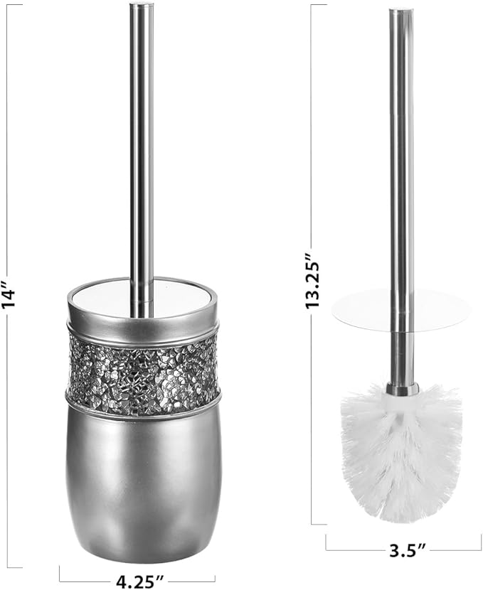 Crackled Glass Toilet Brush with Holder - Silver Toilet Bowl Cleaner Brush and Holder - Good Grip, Deep Cleaning, Decorative Design Compact Toilet Bowl Scrubber