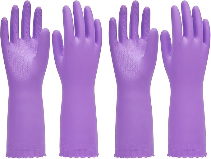 PACIFIC PPE 2 Pairs Reusable Dishwashing Cleaning Gloves with Latex Free, Cotton Lining, Kitchen Gloves, Purple, Medium