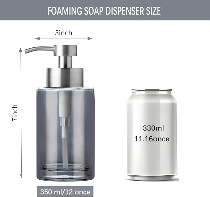 Enra Foaming Soap Dispenser, 12oz Thick Glass Body with Stainless Steel Pump, Bathroom & Kitchen (Silver Foam Dispenser)