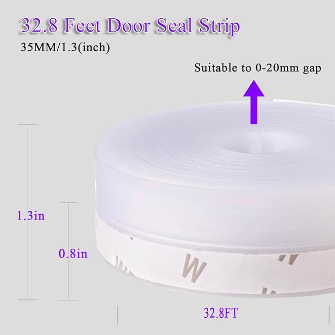 Weather Stripping Door Seal Strip for Gaps, Silicone Draft Stopper Adhesive Tape for Sliding Doors, Windows, Shower Glass, Soundproof Seal for Home Insulation, 32.8ft Roll
