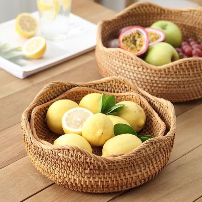 Rattan Bread Basket, Hand Woven Fruit Basket, Wicker Serving Basket Bowl, Decorative Baskets for Kitchen Counter Organizing, Set of 3 (Wave)