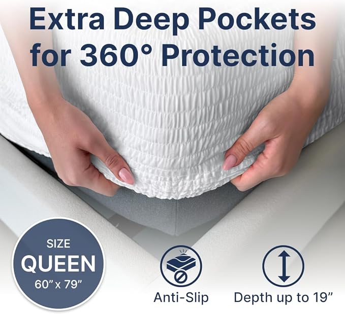 PAULATO BY GA.I.CO Queen Waterproof Mattress Protector – Mattress Cover for Queen Size Bed – Soft Noiseless Hypoallergenic Machine Washable – Waterproof Protector with Deep Elastic Skirt