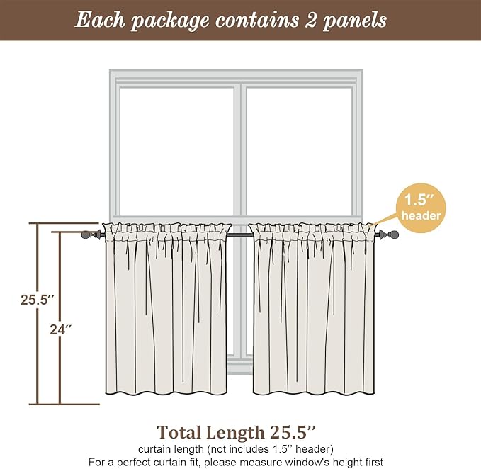 Chyhomenyc Sheer Curtains Tiers 42W x 24L Inches 2 Pieces Set, Light Filtering Small Curtains, Short Bathroom Living Room Cafe Basement Voile Window Curtain, Rod Pocket, Sage Green