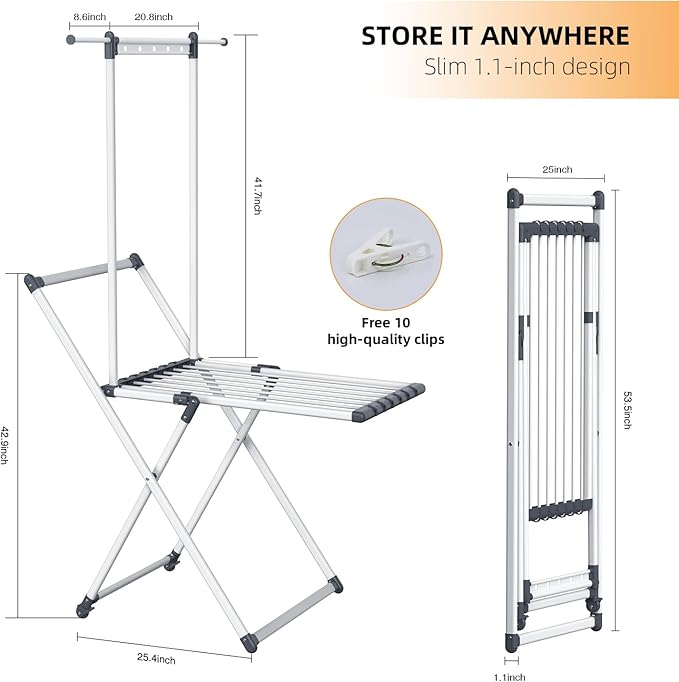 Clothes Drying Rack, Foldable Laundry Rack for Indoor Outdoor, 10pcs Sock Clips, Collapsible Space-Saving Drying Rack for Clothes Towels Dolls (Gray-Hanger)