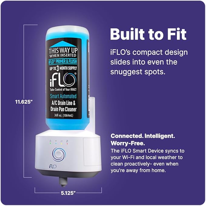 iFLO® Smart A/C Drain Line Cleaner and Drain Pan Cleaner Cartridge, Fast-Acting, Long-Lasting HVAC System Solution for Tough Clogs & Buildup, 3-Month Supply per Bottle, 1 Pack of 36oz