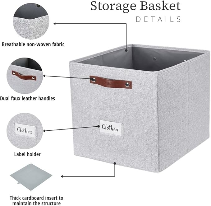 DECOMOMO Storage Cubes, 13x13x13 Storage Cube Bins with Labels, Fabric Organizer Bins (13" / 6pcs, Light Texture Grey)
