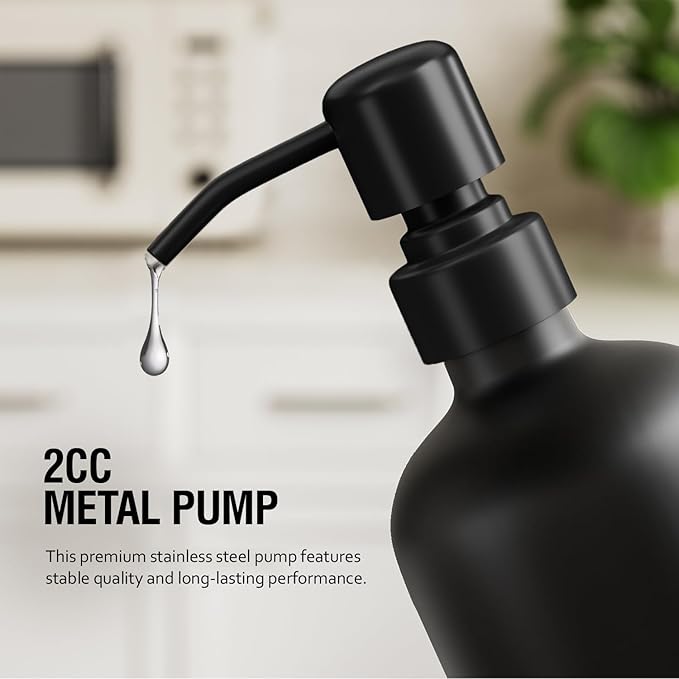 MOMEEMO Glass Soap Dispenser with Stainless Steel Pump, Contains Lotion Dispenser, Hand Soap Dispenser & Tray. (Black & White)