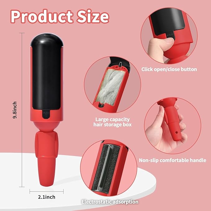 Dog Pet Hair Remover Roller - Reusable Lint Roller Pet Hair Removal Tool for Dog&Cats - Portable Sticky Lint Roller for Clothes, Couch, Bed, Car, Furniture – Travel-Friendly (Red/Black)