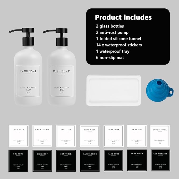 Kitchen Soap Dispenser - Hand and Dish Soap Dispenser Set, Bathroom Glass Soap and Lotion Dispenser with Pump, Tray, 14 Waterproof Labels, Set of 2 White Bottle/Black Pump-pd