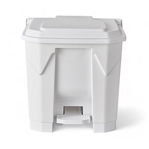 PRO&Family Step-On Trash Can with Lid, Plastic Waste Bin, Foot Pedal Operation (White, 8 Gallon)
