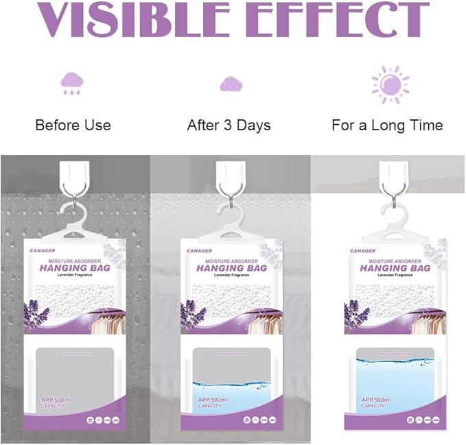 CANAGER Hanging Moisture Absorber, Lavender Vanilla Moistureproof Hanging Bag, Dehumidifier Bag (8 packs) Hanging Closet Dehumidifier Bags, Moisture Absorb 12.5 oz.