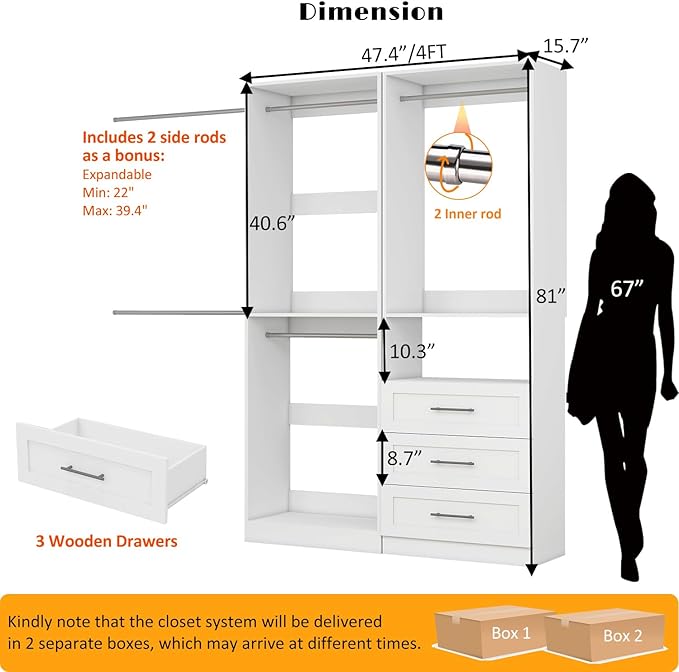Closet System with 2 Sets, 4FT Closet Organizer Systems with 3 Wooden Drawers & 5 Hanging Rods, Walk in Closet Standalone Corner Closet System Modular Closet System Set White (4FT)