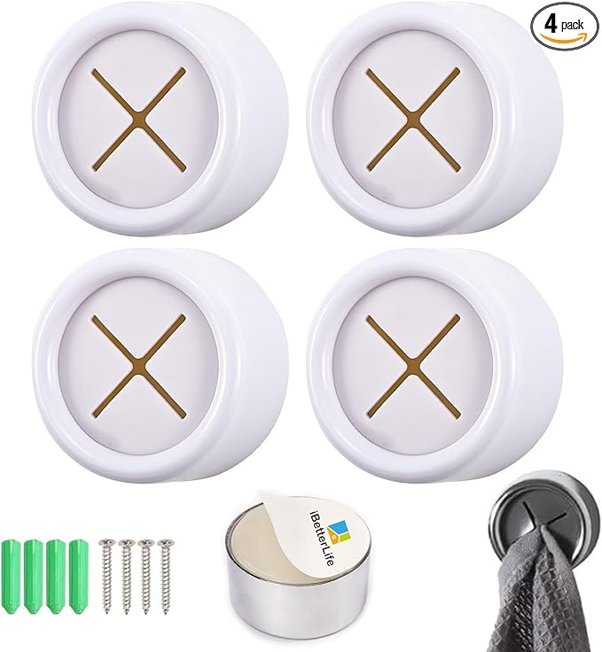 iBetterLife Adhesive Kitchen Towel Hooks - 4 Pack Dish Towel Holder for Cabinet, Push Hand Towel Hook, Dish Cloth Rag Holder for Home Bathrooms, Kitchens, Garages, RV, Within Easy Reach, Matte White