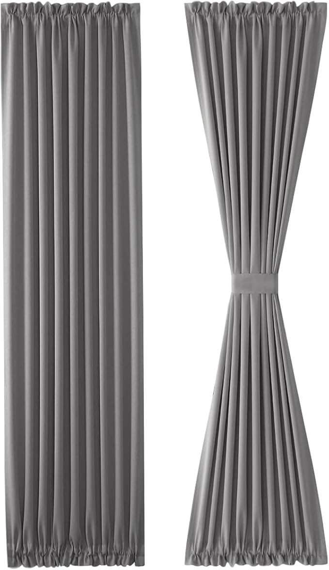 DWCN French Door Curtains – Rod Pocket Thermal Blackout Curtain for Doors with Glass Window, Kitchen and Patio Doors for Privacy, 23 X 72 Inches Long, 1 Curtain Panel with Tieback, Grey
