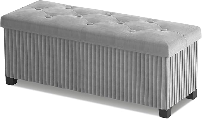 Storage Ottoman Bench, 43 Inch Foldable Ottoman with Legs, Velvet Foot Rest Stool, End of Bed Bench, Storage Chest for Living Room, Bedroom (Grey)