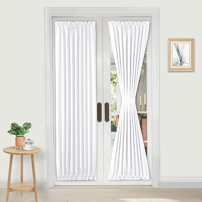 DWCN French Door Curtains – Rod Pocket Thermal Curtain for Doors with Glass Window, Kitchen and Patio Doors for Privacy, 36 X 72 Inches Long, 1 Curtain Panel with Tieback,Pure White