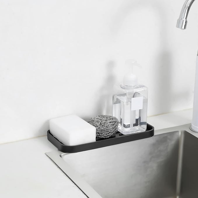 Silicone Kitchen Sink Organizer Tray for Multiple Usage,Eco-Friendly Sponges Holder for Kitchen Bathroom Counter or Sink,Dish Soap Dispenser,Scrubber,Bottle,Cup (Black, 10"×5.3")