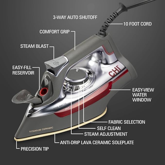 CHI Steam Iron for Clothes with 300+ Holes for Powerful Steaming, Temperature Guide Dial, 1700 Watts, XL 10’ Cord, 3-Way Auto Shutoff, Titanium Infused Ceramic Soleplate, Silver (13101)