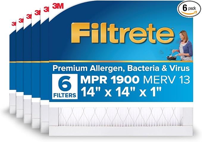 Filtrete 14x14x1 AC Furnace Air Filter, MERV 13, MPR 1900, Premium Allergen, Bacteria & Virus Filter, 3-Month Pleated 1-Inch Electrostatic Air Cleaning Filter, 6-Pack (Actual Size 13.81x13.81x0.78 in)