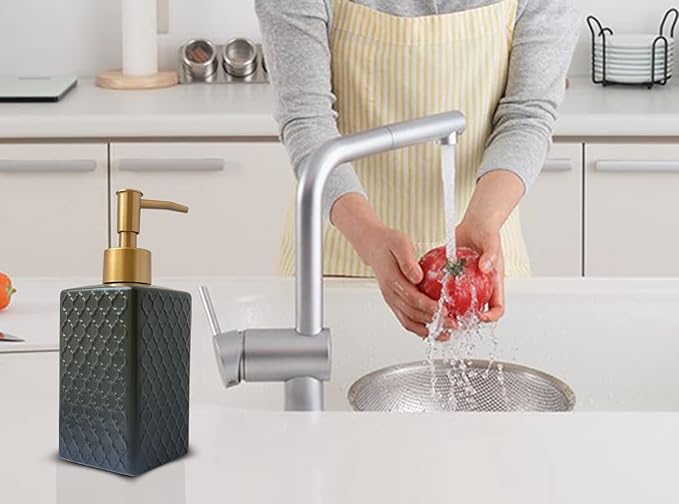 Gold Soap Dispenser for Bathroom,Retro Black Square Lotion Dispenser, Refillable Countertop Ceramic Hand Soap Dispenser,Dish Soap Dispenser for Kitchen 350ml