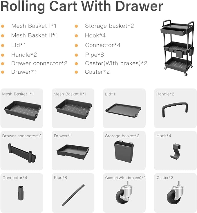 3 Tier Rolling Cart Organizer,Laundry Room Bathroom Organizers and Storage Office Shelves Mobile Shelving Unit Kitchen Trolley Cart with Wheels for Art,Craft,Diaper,Bedside,Snack(Black)
