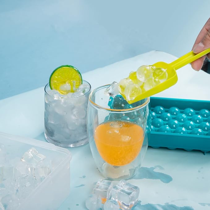 Bangp Upgrade Round Ice Cube Tray with Lid and Bin,2 Pack Ice Cube Tray for Freezer,Circle Ice Mold Making 64 Small Ice Balls, Easy Release Ice Tray with Ice Bucket,Ice Tong and Ice Scoop