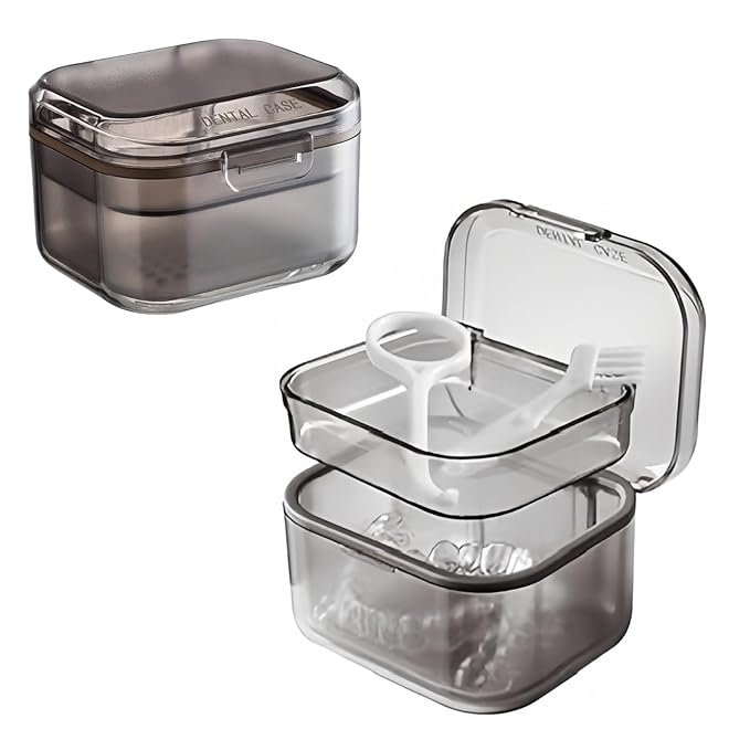 Retainer Case Denture Bath Case,Retainer Cleaner Case with Lid,Denture Cup for Partial Dentures,Mouth Guard&Braces,Denture Soaking Container Case for Travel (Black)