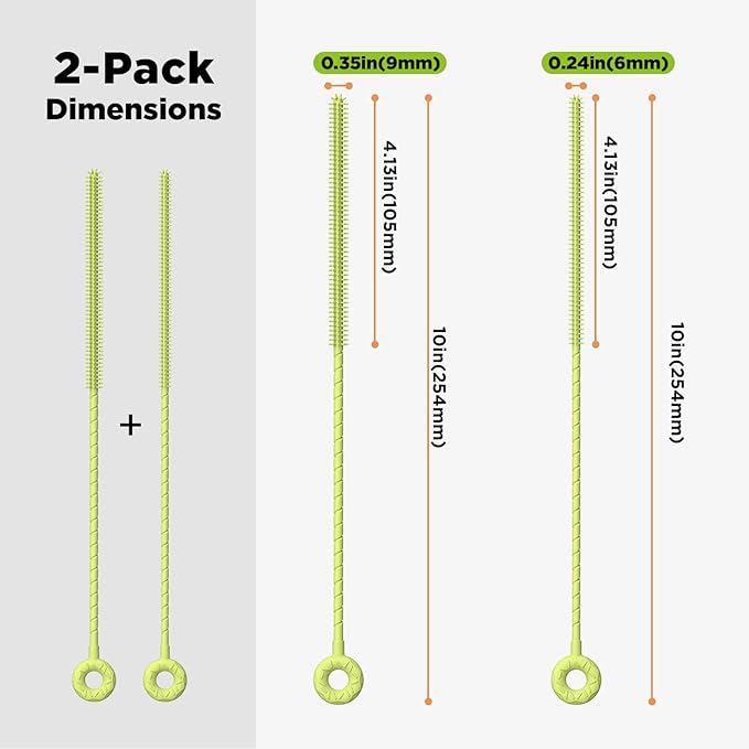 2 Pcs Silicone Straw Cleaner Brush, Extra Long Cleaning Brushes for Straws, 6mm&9mm, Green