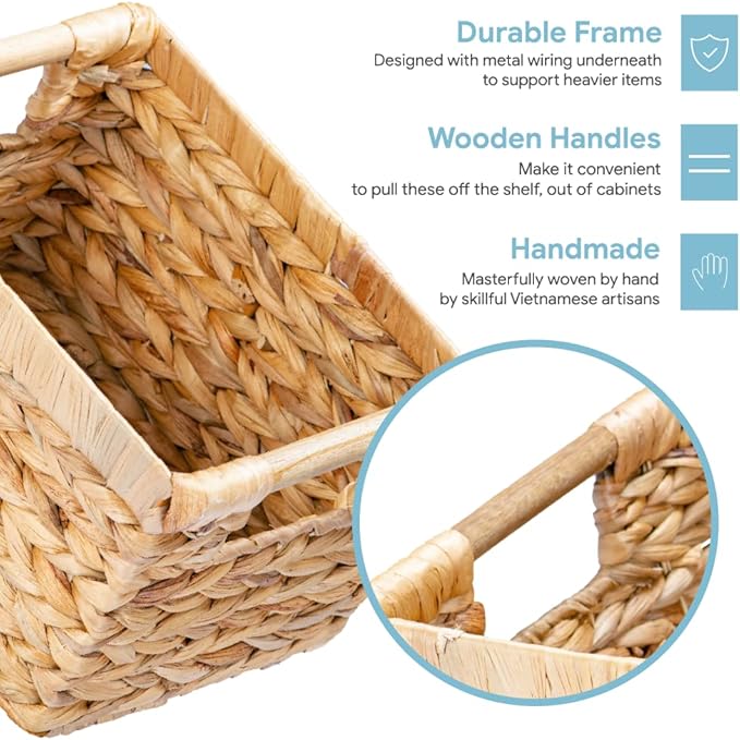 Small Wicker Baskets for Organizing Bathroom, Hyacinth Baskets for Storage, Wicker Storage Basket with Wooden Handle, Decorative Small Basket 10 x 7.5 x 6.3 inches - 3 Pack