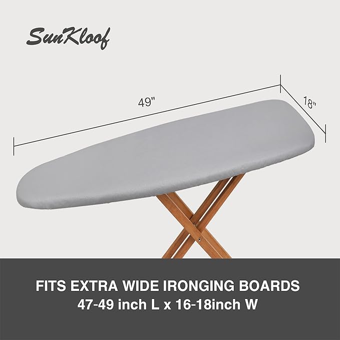 Extra Wide Ironing Board Cover and Pad, Sunkloof 18X49 Ironing Board Cover, Resist Scorching and Staining, Extra Thick Reflective Silicone Ironing Board Cover with Padding, Elastic Edges, 4 Fasteners