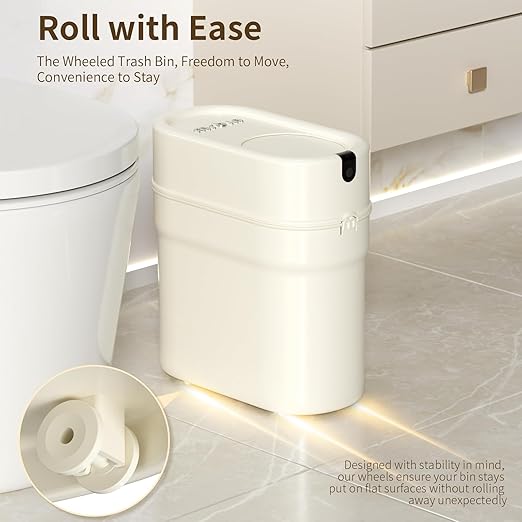 MRBIN Slim Automatic Bathroom Trash Can, 10L/2.6gal Touchless Pull Out Bagging Motion Sensor Waste Basket, Electric Smart Garbage Pail for Narrow Rv, Kitchen, Bedroom, White