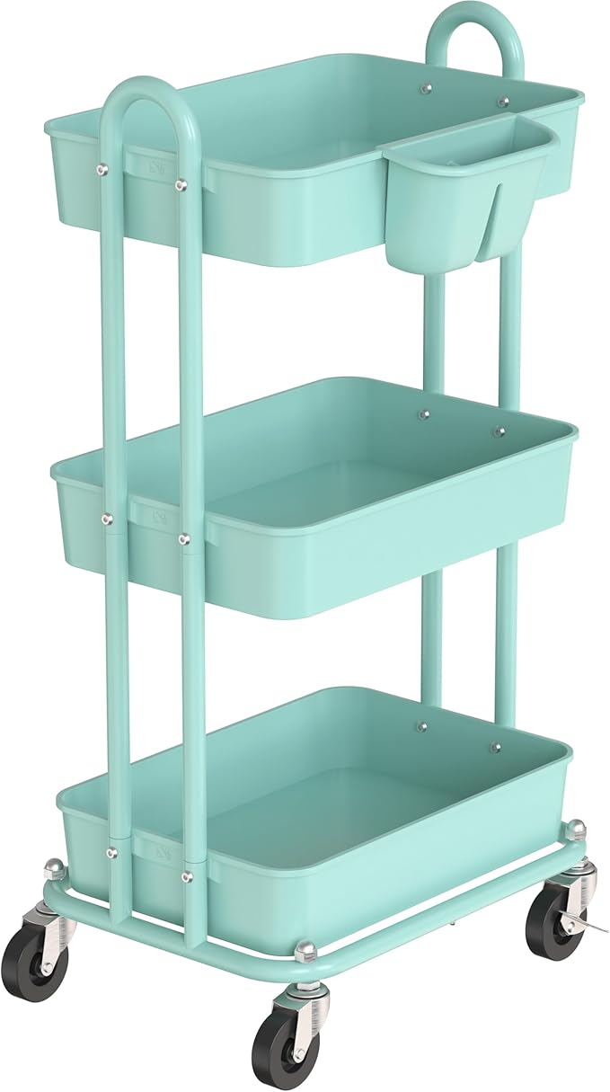 Simple Houseware 3-Tier Multifunctional Rolling Utility Cart with Hanging Bucket, Turquoise
