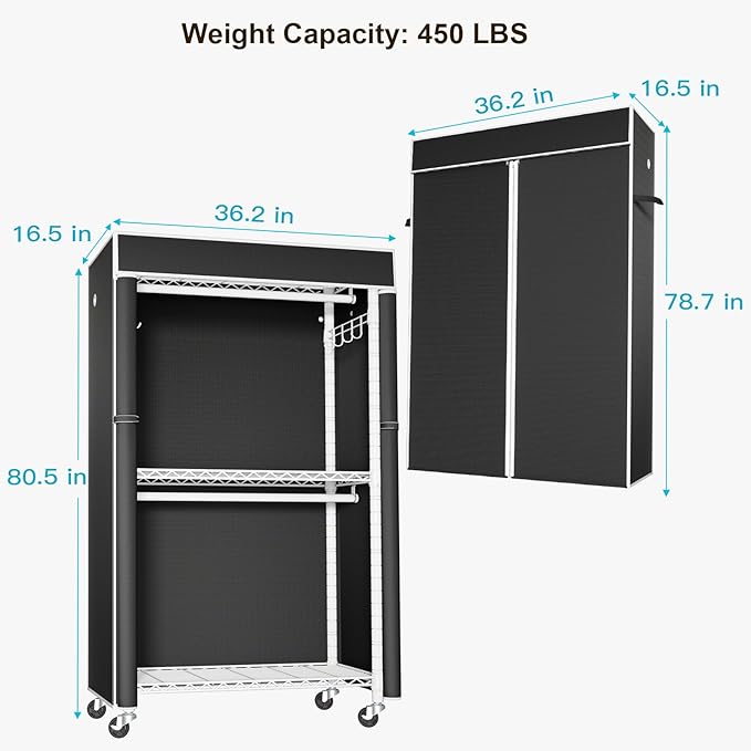 FUTASSI White Clothing Rack with Black Cover, P1C Rolling Closets with Wheels, Metal Garment Rack for Hanging Clothes, Clothing Storage Wardrobe, 36.2" W x 16.5" D x 80.5" H, Load 450 Pounds