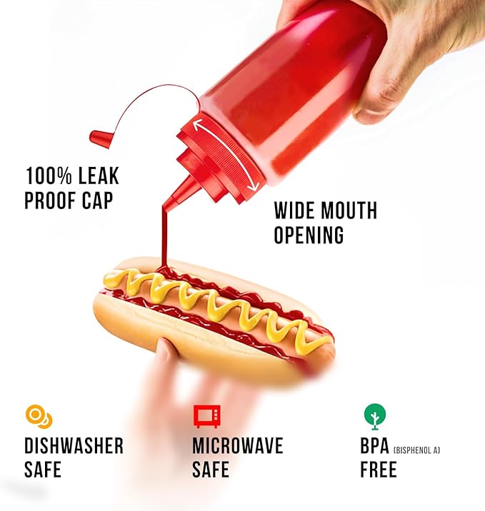 Norcalway 24 oz Condiment Squeeze Bottles for Sauces - Leak Proof - 4 Pack (XL)