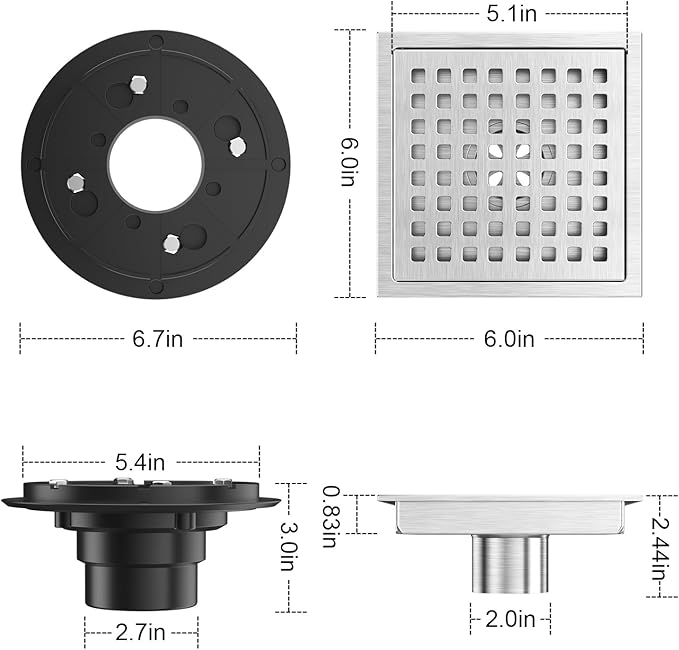 6 Inch Square Shower Floor Drain Brushed Stainless Steel Drain Kit with Flange, Removable Grid Cover, Hair Strainer